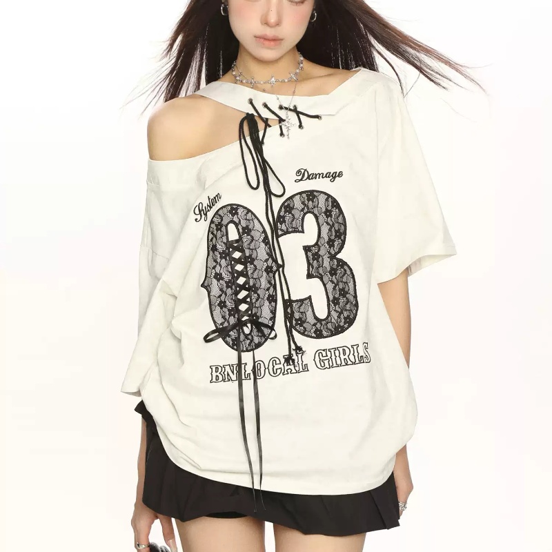 Lace Strap Shoulder Short Sleeve Slimming Off-shoulder