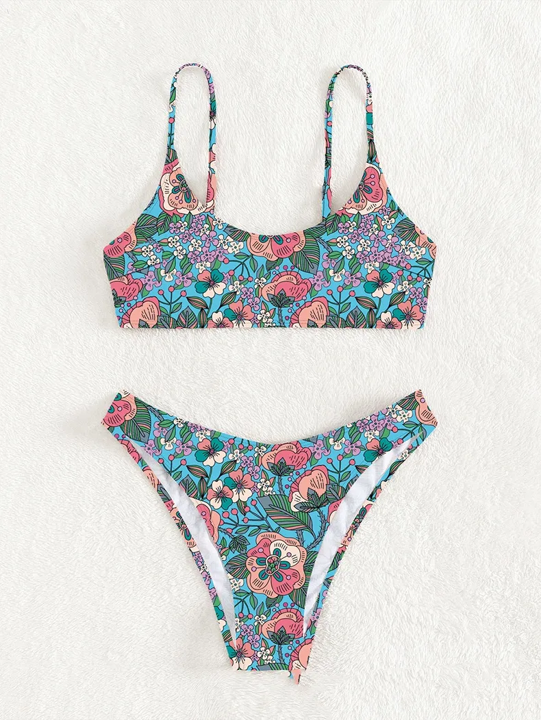 New Printed Bikini Swimsuit Sexy Sling - Blue