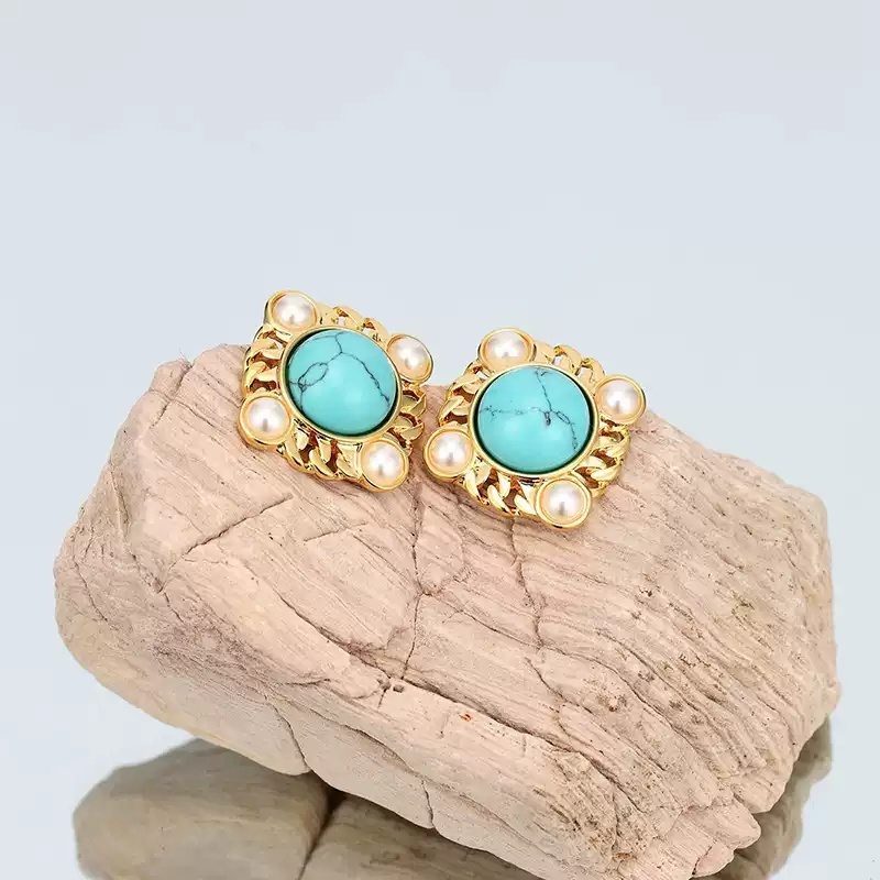 Vintage Natural Turquoise Pearl Stud Earrings Style