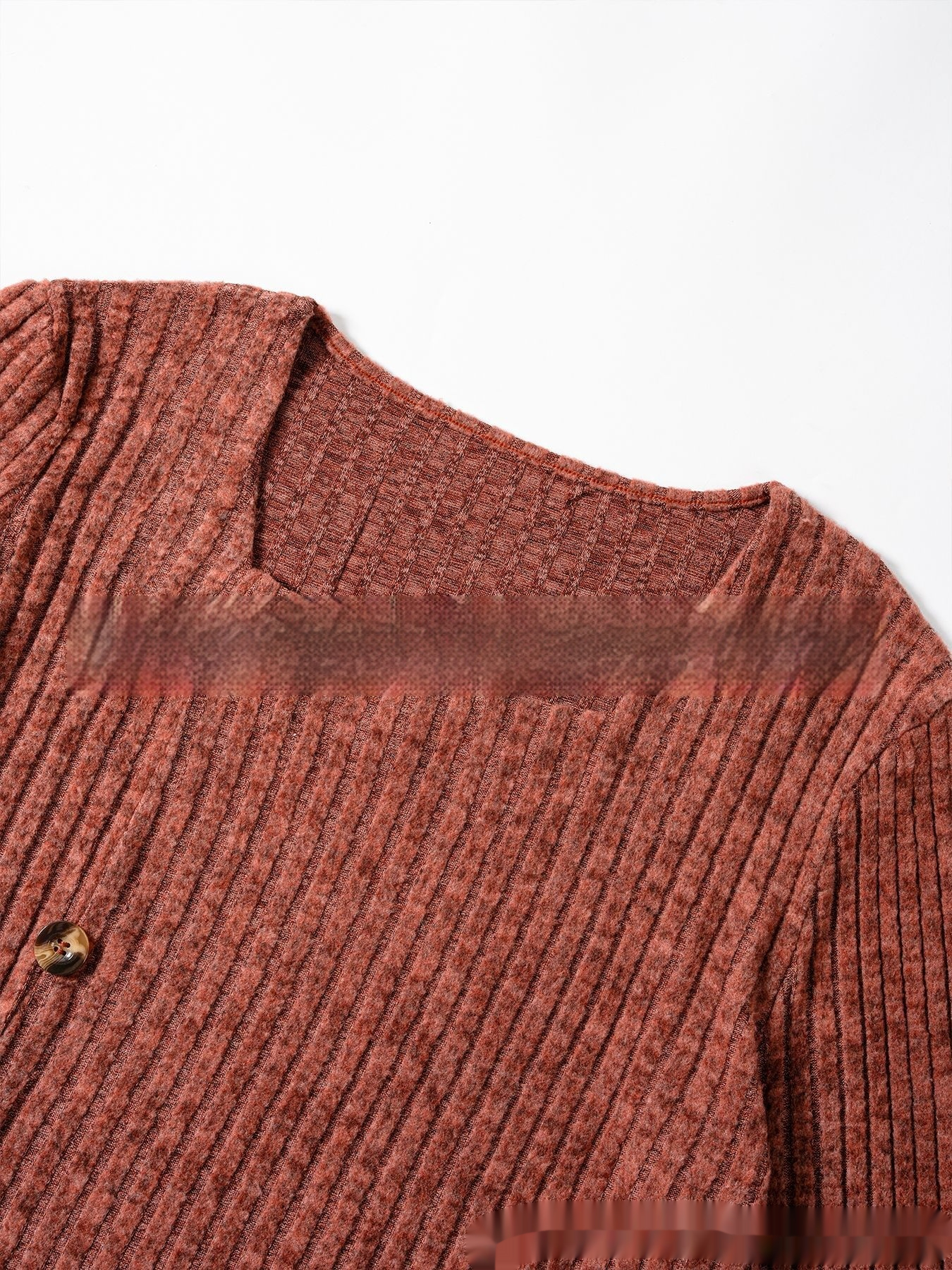 Square Collar Sunken Stripe Brushed Button Top Women