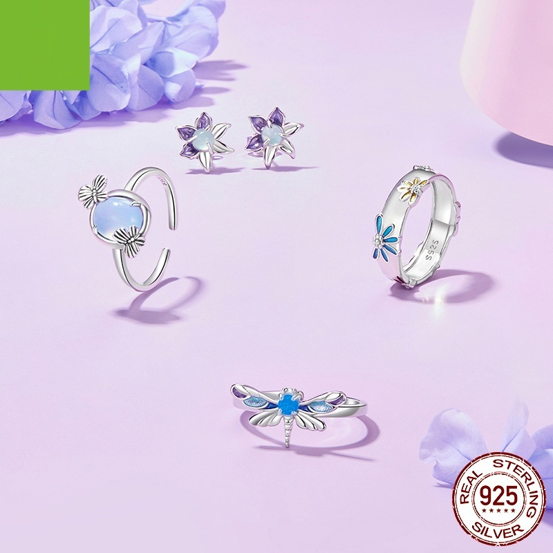 Sterling Silver Fantasy Gradient Butterfly Dragonfly Luminous Stone Earrings