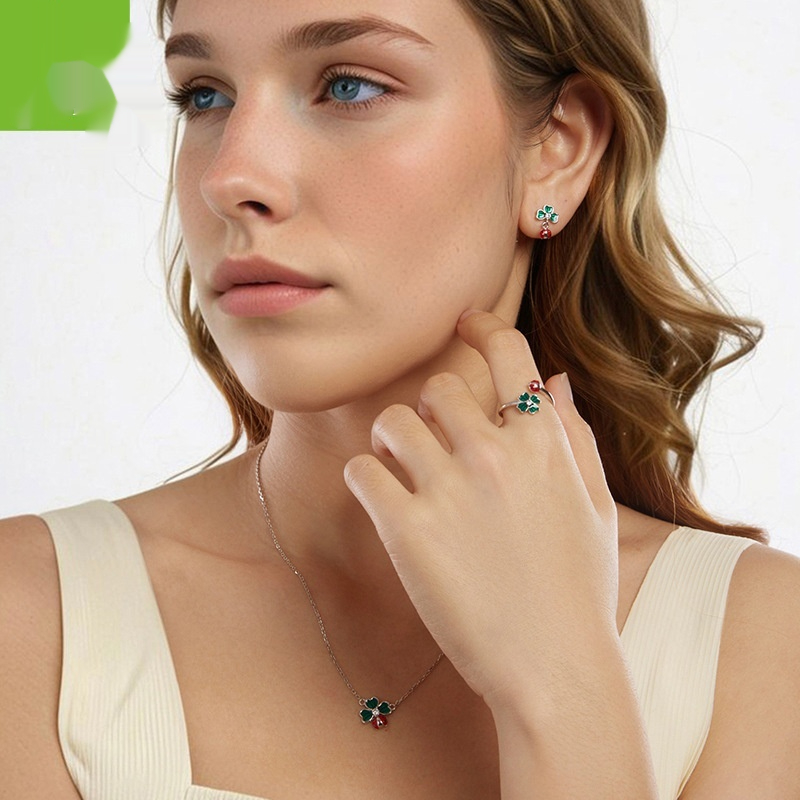 S925 Sterling Silver Ladybug Necklace Ring Earring Set