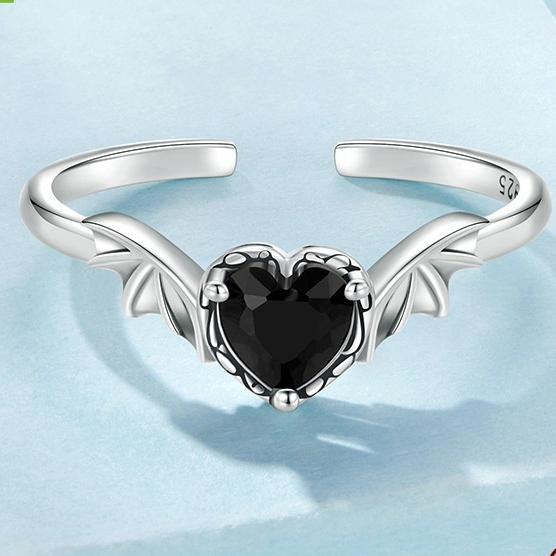 Black Zirconium Heart Wings Ring For Men And Women