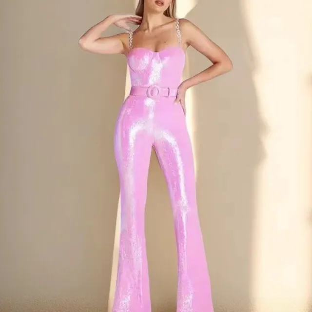 High grade Sleeveless Belt Sequined Suspender Women's Jumpsuit Summer Pink - Shop at LoveMi