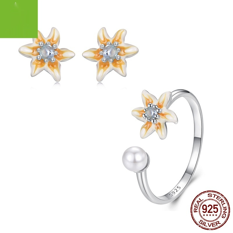 S925 Sterling Silver Yellow Flower Open Ring Stud Earrings Suit