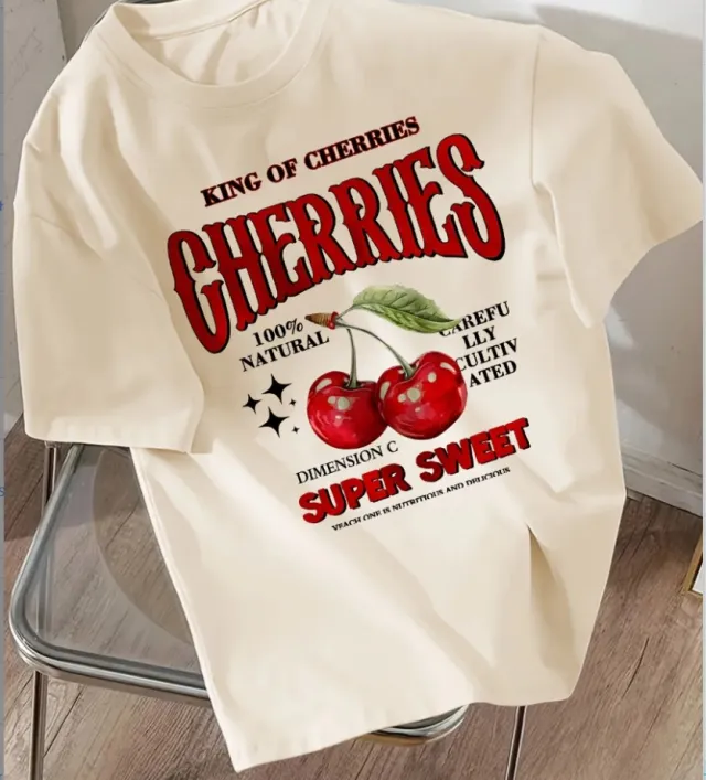 Plus Size Cherry Ocean Shark Print Round Neck Short Sleeve Women's White - Shop at LoveMi