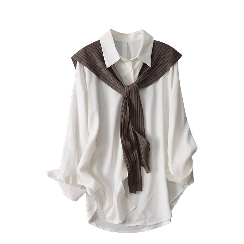 Two Piece Shirt Shawl Set - White