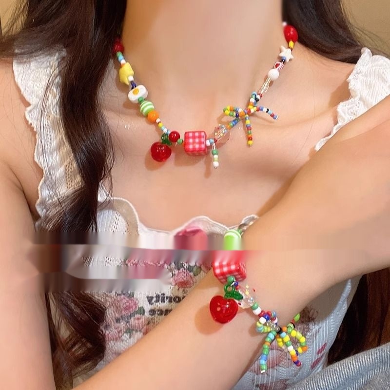 Colorful Dopamine Beaded Bow Necklace