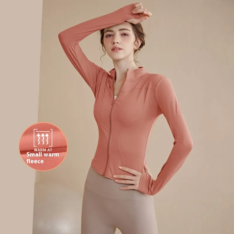 Fleece-lined Stand Collar Top Sports Coat For Women - Orange Pink