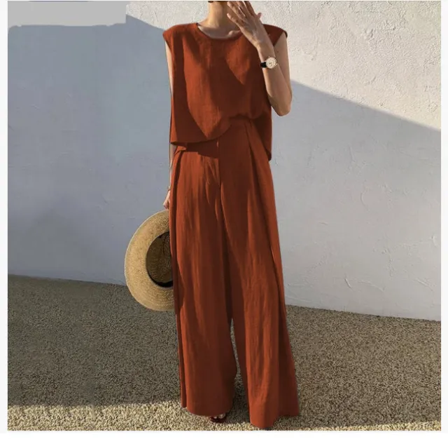 Cotton And Linen Casual Sleeveless Top Wide Leg Pants Two piece Set Orange - Shop at LoveMi