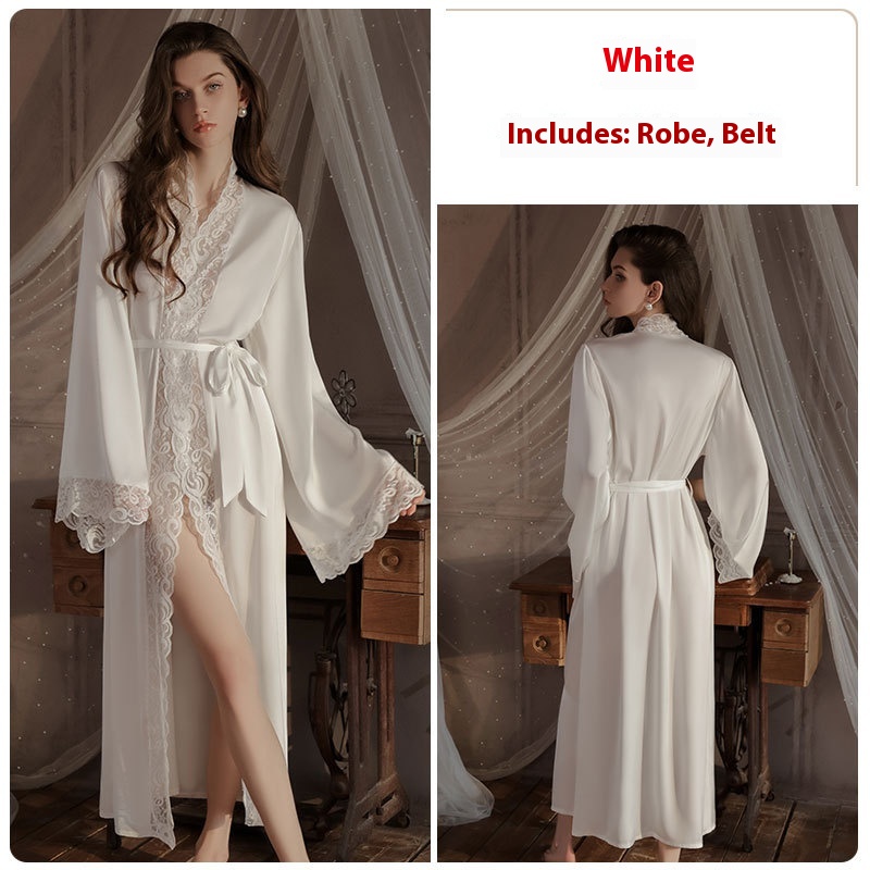 Women's Pajamas Silky Satin Stitching Lace Long Outerwear Gown
