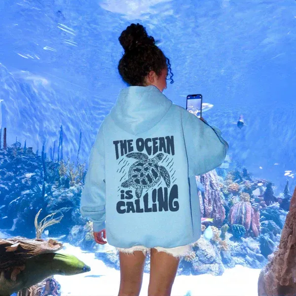 Tween Girl Letter Turtle Print Drop Shoulder Hoodie Blue - Shop at LoveMi