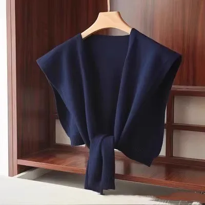 Shoulder Pad Waistcoat Wool Scarf Navy Blue - Shop at LoveMi