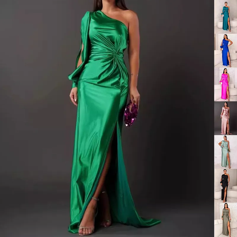 Women's One-shoulder Split Dress Ins Fashion Long-sleeved Slim Long Dresses Party Evening Clothing
