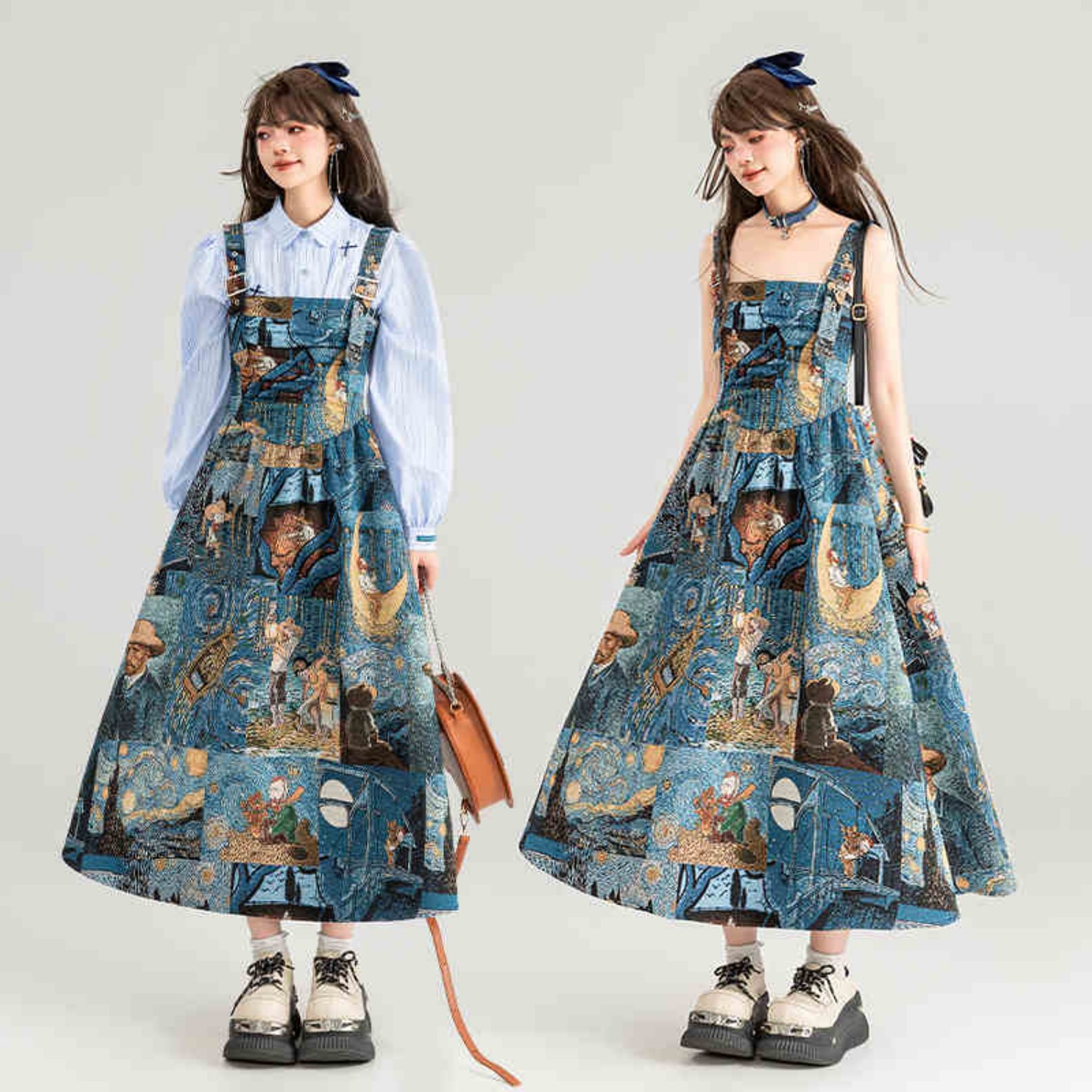 High End Jacquard Oil Painting Style Shoulder Strap Dress