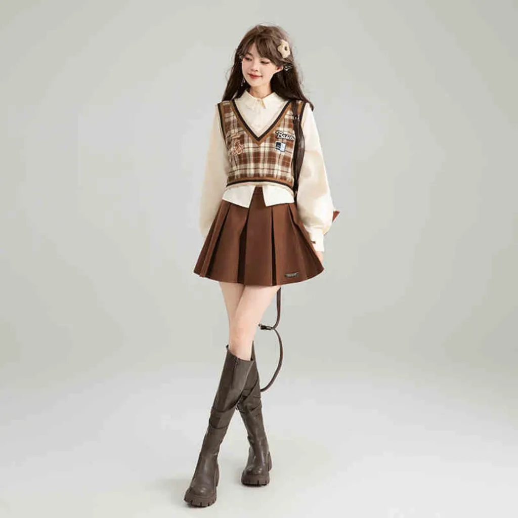 American Retro Style Fake Two Piece Shirt - Coffee Colored Skirt