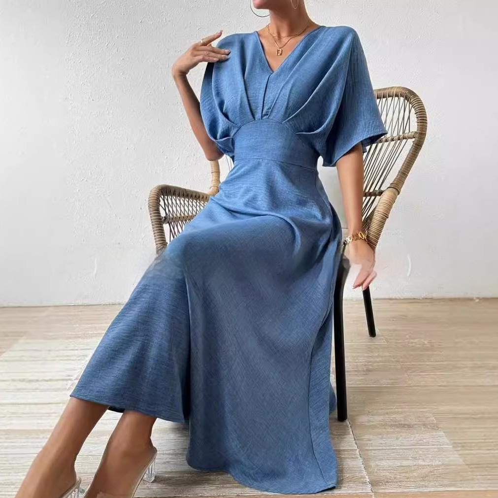 V-neck Loose Cotton And Linen Short Sleeve Dress