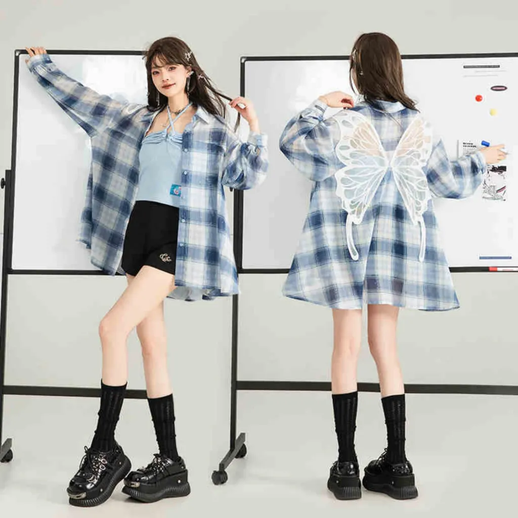 Butterfly Embroidered Black Long Sleeve Shirt - Blue Checkered Long Sleeved