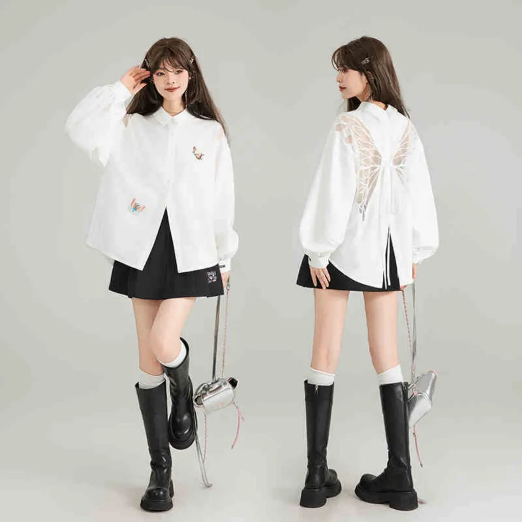 Butterfly Embroidered Black Long Sleeve Shirt - White Long Sleeved Shirt