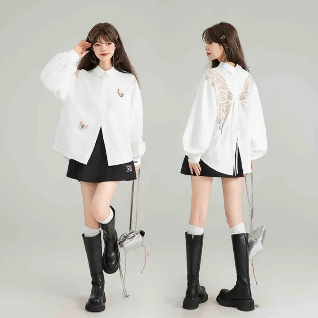 Butterfly Embroidered Black Long Sleeve Shirt White Long Sleeved Shirt - Shop at LoveMi