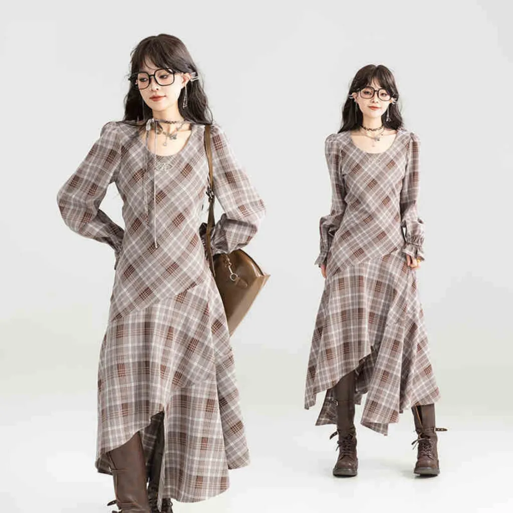 Retro Coffee Colored Suit Jacket For Women - Plaid Dress