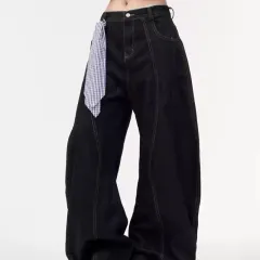 Retro Primary Colour Washed Machete Jeans Loose Wide Leg - Black - View 1