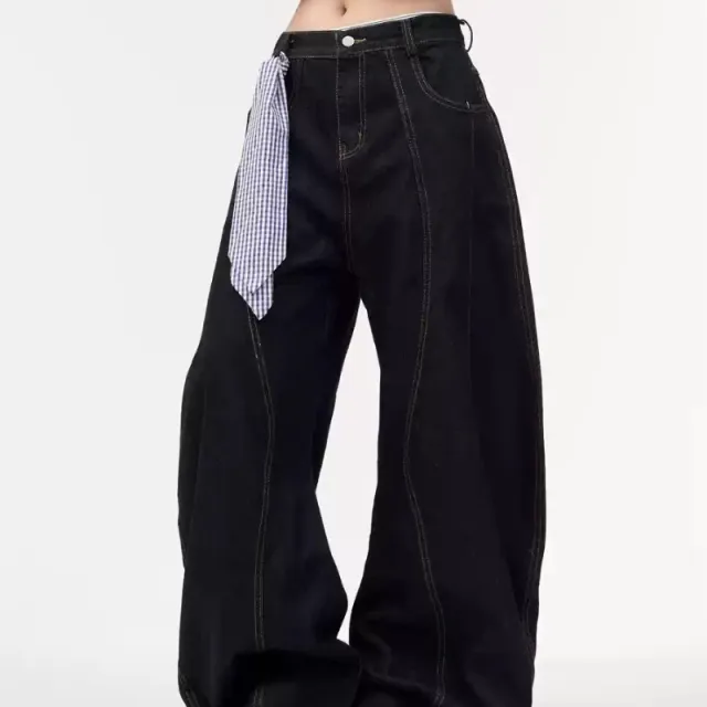 Retro Primary Color Washed Machete Jeans Loose Wide Leg Black - Shop at LoveMi