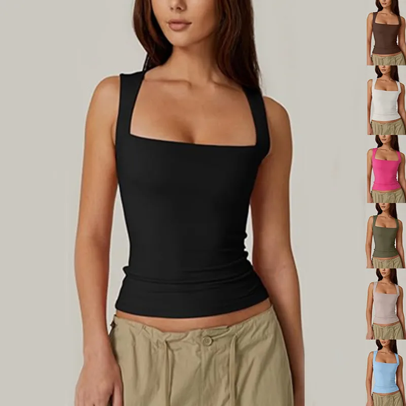 Summer Square-neck Tank Vest Fashion Slim Solid Sleeveless Tops