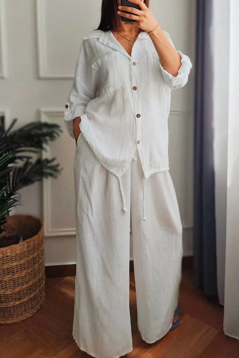 Plus-size Baggy Cotton And Linen High-waisted Suit With Buttons - White