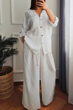 Plus-size Baggy Cotton And Linen High-waisted Suit With Buttons - White - View 1