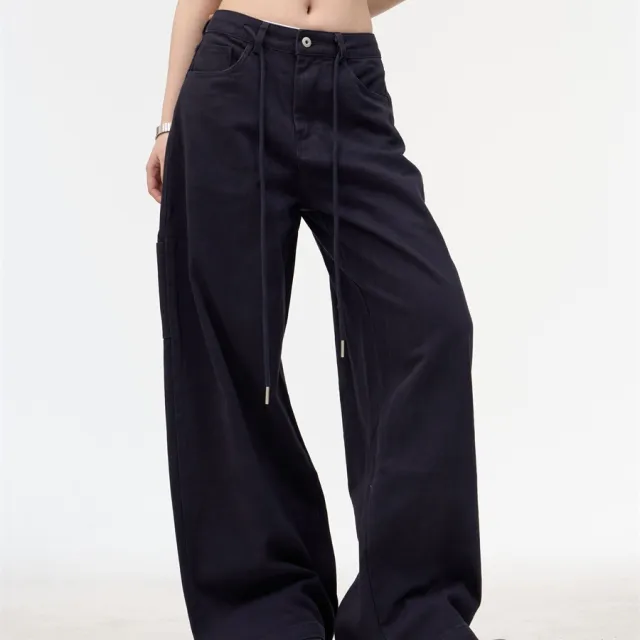 Retro Alphabet Embroidered Multi pocket Straight Cargo Pants Women's Loose Casual Navy Blue - Shop at LoveMi