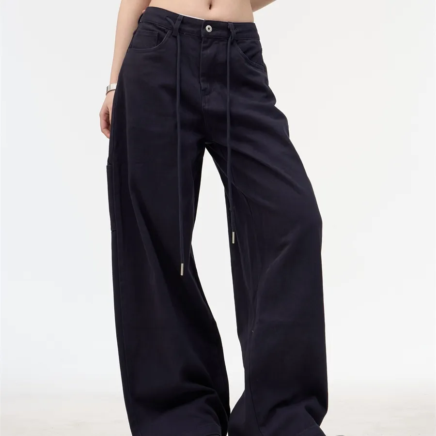 Retro Alphabet Embroidered Multi-pocket Straight Cargo Pants Women's Loose Casual - Navy