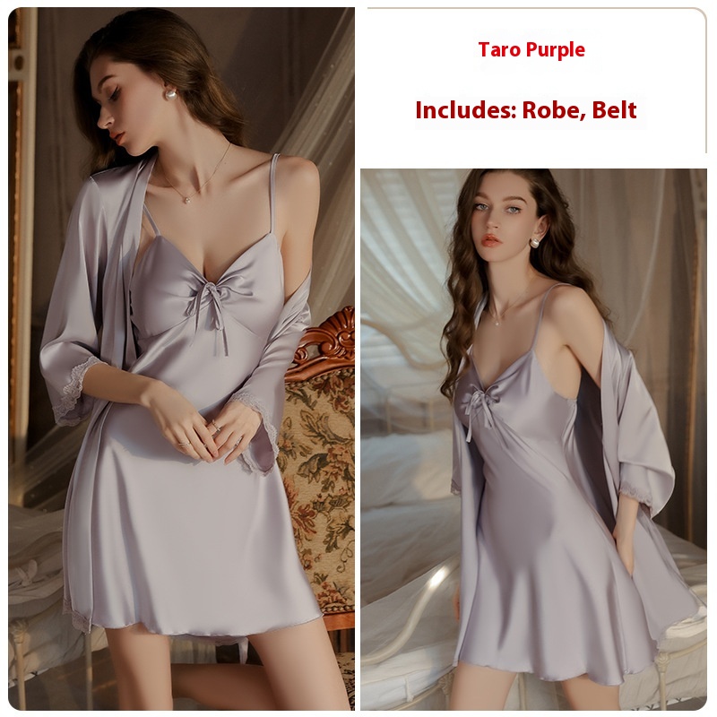 Ruoruo Sexy Pajamas Super A- Lineskirt Hem Silky Nightdress Outerwear Gown Homewear Suit