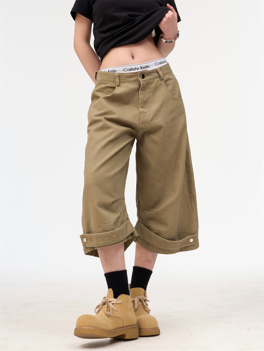 Retro Khaki Workwear Cropped Pants For Women
