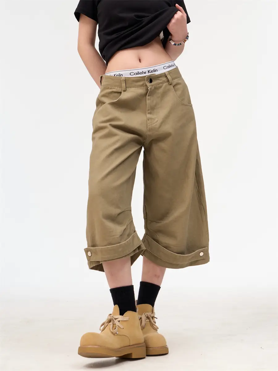 Retro Khaki Workwear Cropped Pants For Women