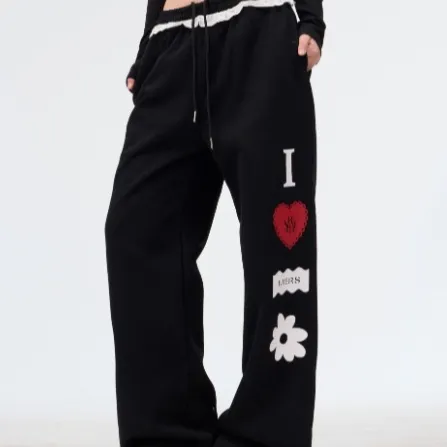 Vintage Lace Sweatpants Loose Straight Trousers Casual Women Black - Shop at LoveMi