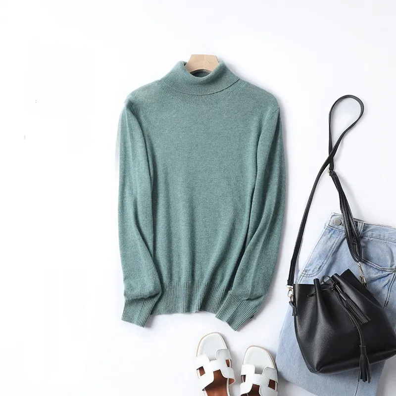 Women's Solid Color Simple Turtleneck Knitting Cashmere Sweater - Olive