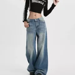 American-style Retro Blue Cat Wide-leg Jeans - Retro Blue Plus Trousers - View 1