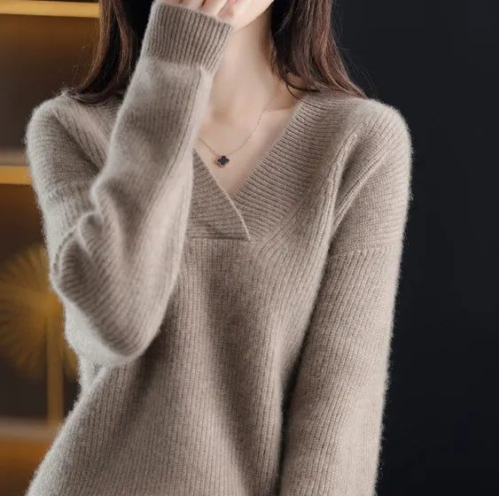 Solid Color Collar Sweater Women's Loose Slimming Dark Camel - Shop at LoveMi
