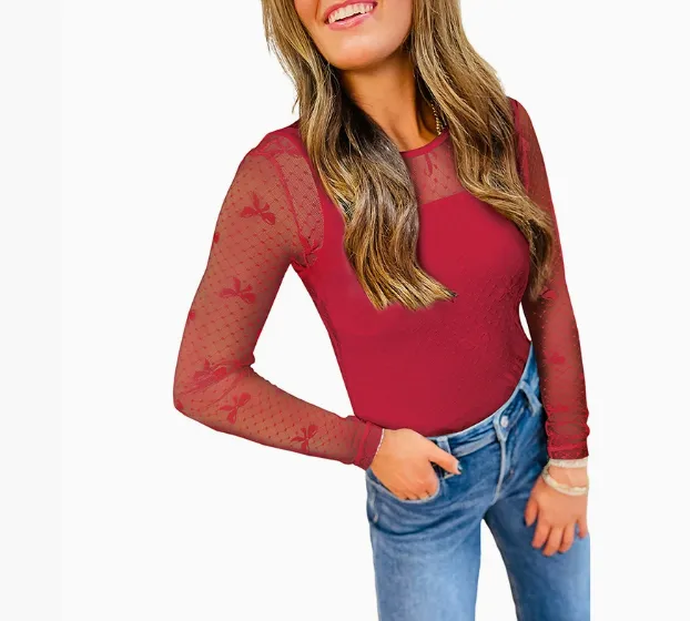 Autumn New Bow Print Long sleeved T shirt For Women Red - Shop at LoveMi