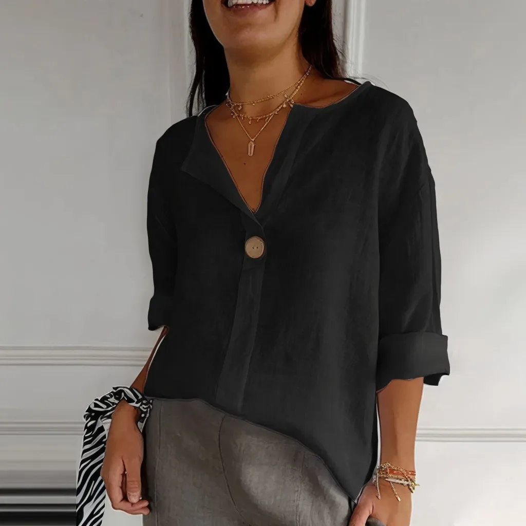 V-neck Long-sleeved T-shirt Fashion Loose Cotton And Linen Button Tops For Women - Black