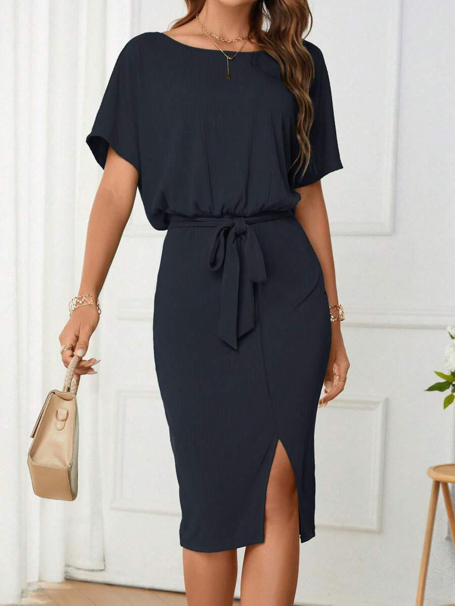 Solid Batwing Sleeve Split Thigh Belted Dress