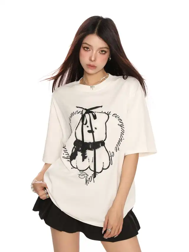 Puppy Towel Embroidery Short sleeved T shirt White - Shop at LoveMi