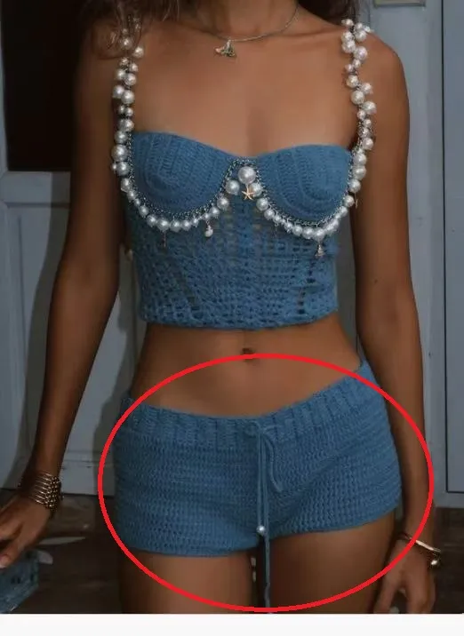Sexy Solid Color Crop top Spaghetti strap Beading Top Blue Shorts - Shop at LoveMi