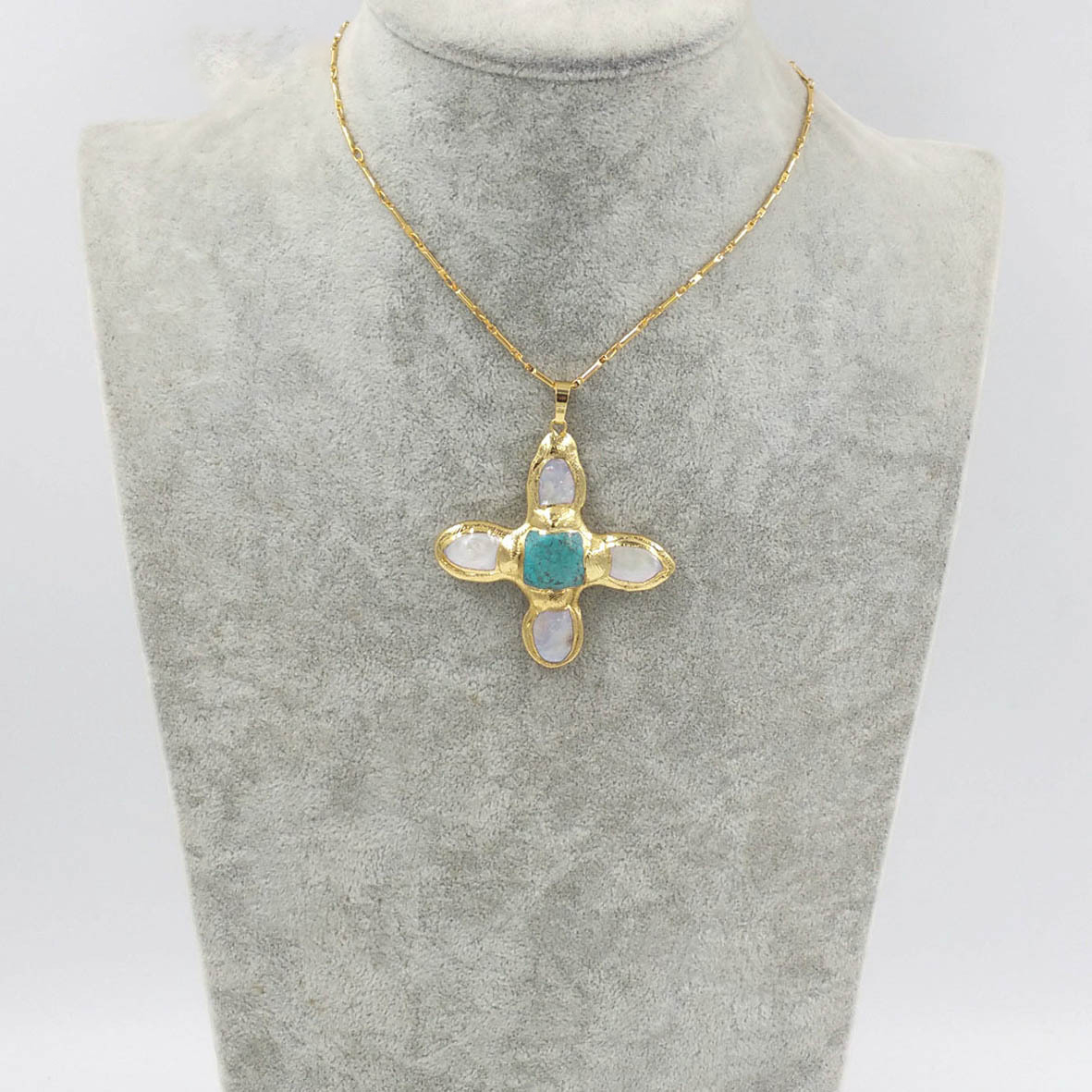 Cross Shape Turquoise Freshwater Pearl 18K Gold-plated Inlaid Pendant Necklace