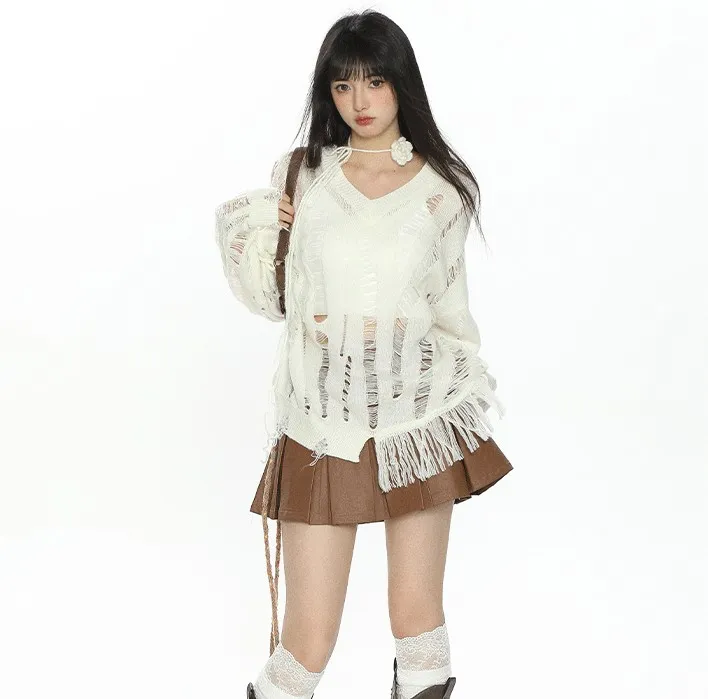 Micro Transparent V-neck Sweater Cutout Blouse Long Sleeve Women - Apricot