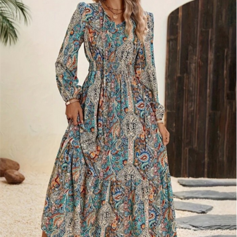 Women's Autumn Digital Printing Ruffled Hem Dress