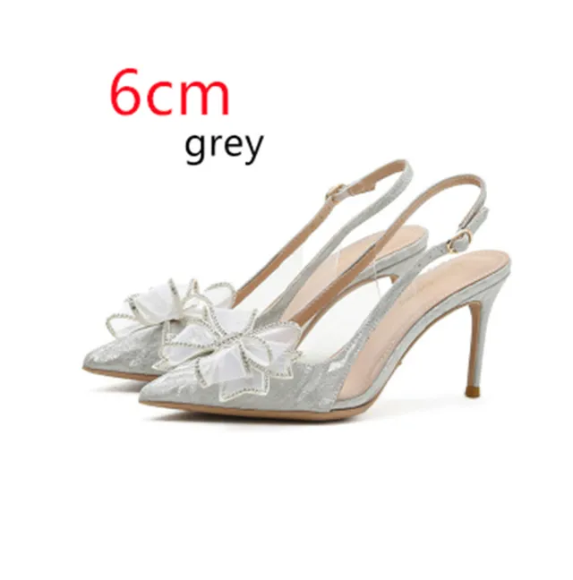 Women's Low cut Stiletto Heels With Crystal Silver Bow Gray - Shop at LoveMi