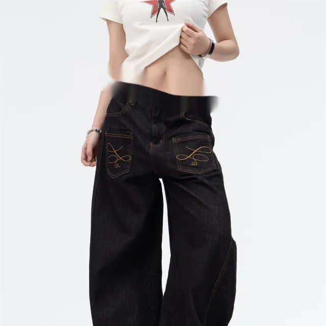 American High Street Inside out Wear Pocket Embroidered Jeans Black - Shop at LoveMi
