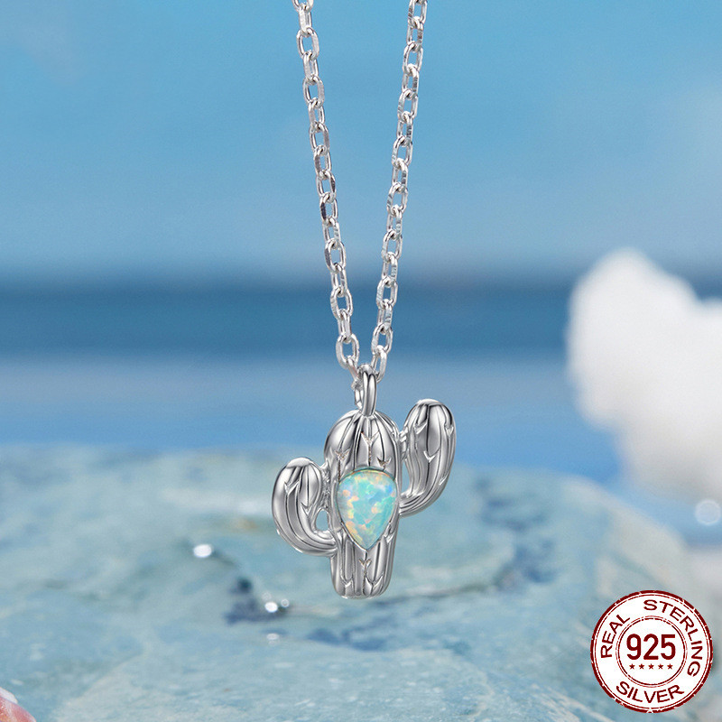S925 Sterling Silver New Creative Cactus Opal Necklace